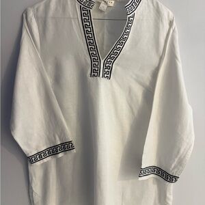 Kenar White Tunic with Black Greek Key Trim
